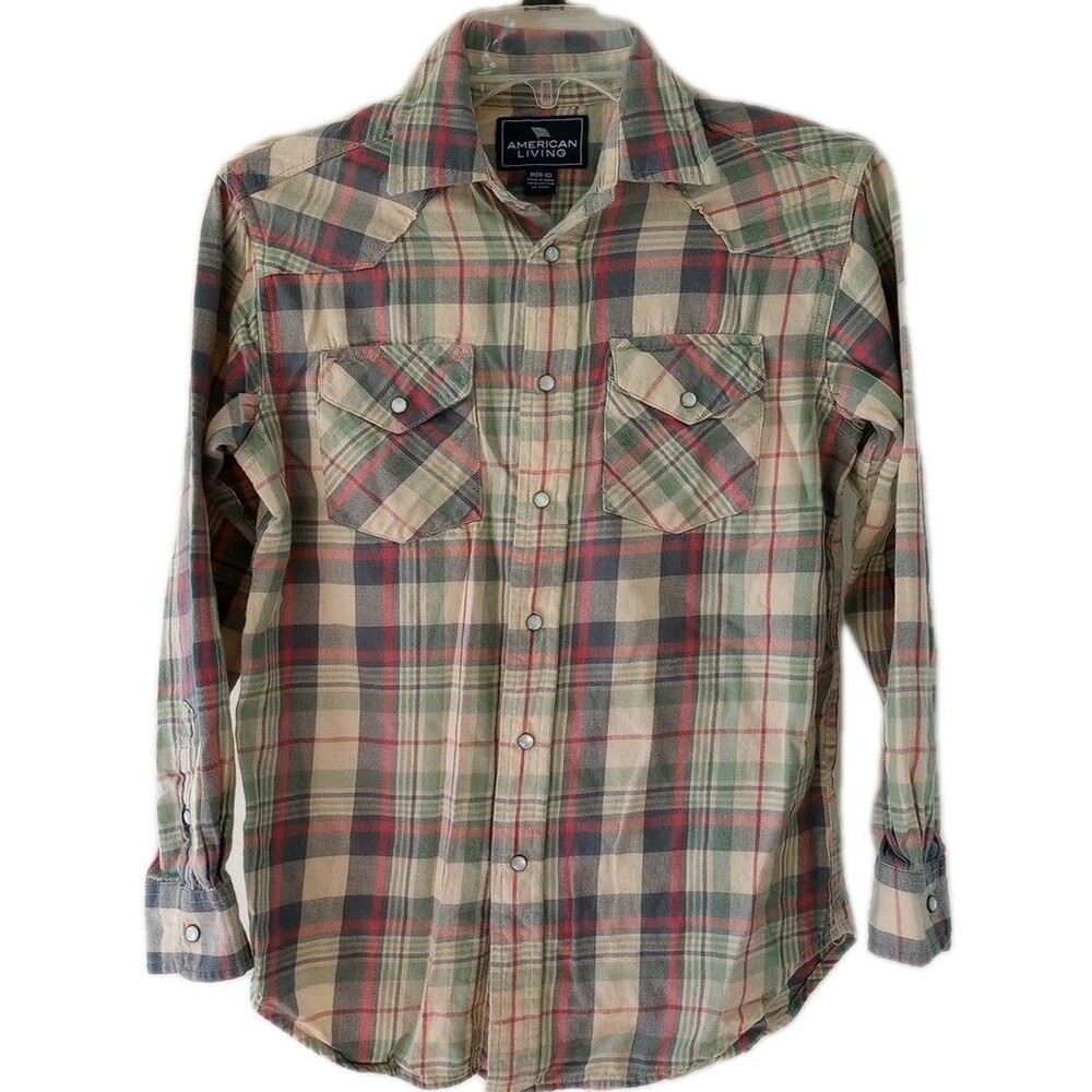 American Living Women's Medium Long Sleeve Plaid Pearl Snap Shirt Green Tan